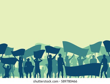 Protest people crowd and broken car silhouette vector background landscape demonstrate concept