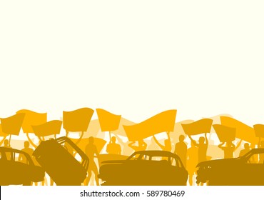 Protest people crowd and broken car silhouette vector background landscape demonstrate concept