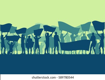 Protest people crowd and broken car silhouette vector background landscape demonstrate concept