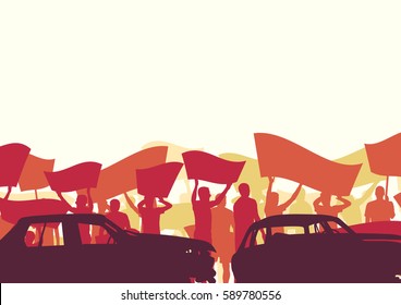 Protest people crowd and broken car silhouette vector background landscape demonstrate concept