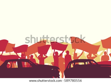 Protest people crowd and broken car silhouette vector background landscape demonstrate concept