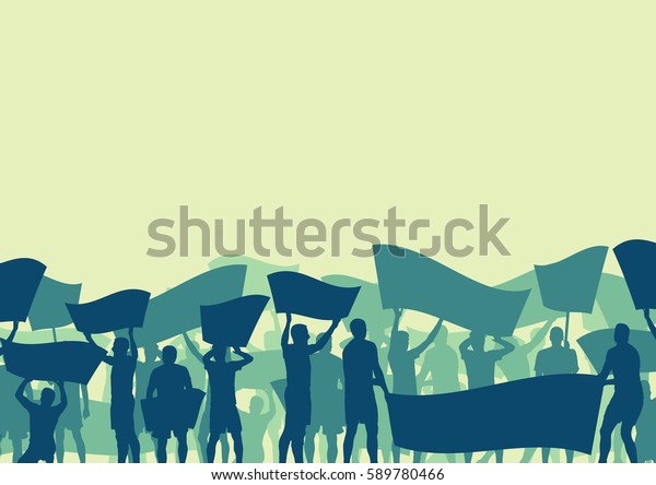 Protest people crowd and broken car\
silhouette vector background landscape demonstrate\
concept