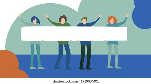 Protest. People crowd holding blank banner, manifesting activists. Street demonstration vector concept. Illustration of placard protester, political revolution, demonstrate