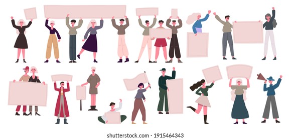 Protest people crowd. Manifesting activists male and female characters holding blank banners. Diverse protesting group vector illustration set. Protest and demonstration, strike picket