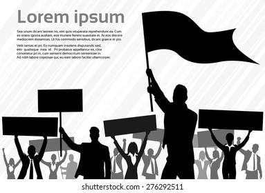 Protest People Crowd Silhouette, Man Holding Flag Banner Vector Illustration