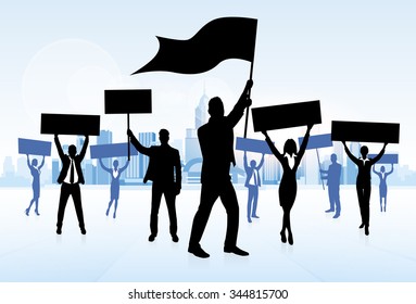 Protest People Crowd Silhouette, Man Holding Flag Banner Vector Illustration