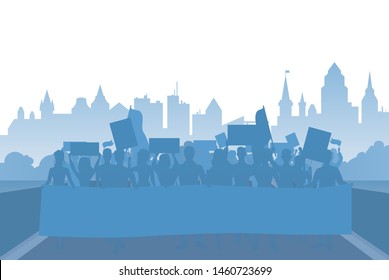 Protest people crowd silhouette on flat modern city landscape vector background.  demonstration concept