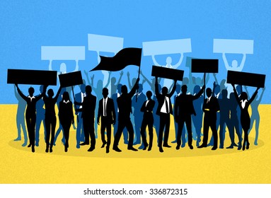 Protest People Crowd Silhouette Over Ukraine National Flag, Man Holding Flag Banner Vector Illustration