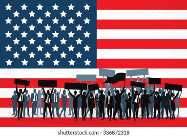 Protest People Crowd Silhouette Over United States National Flag, Man Holding Flag Banner Vector Illustration