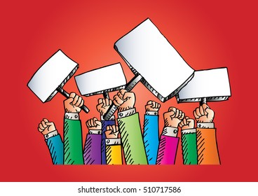 Protest People doodle, Men Holding Flag Banner Vector Illustration