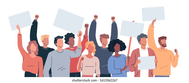 Protest people flat vector illustration. People with posters cartoon characters