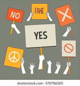 protest people hands with banners. isolated vector illustration icons set