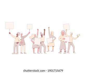 Protest. Menschen, die Plakate einzeln auf weißem Hintergrund halten. Schüler, die zusammen mit Blanken stehen. Sozialer Aktivismus. Vektorgrafik.