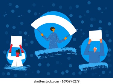 Protest. People holding placards. Persons standing together with blank banners. Group of men and women with banners taking part in parade, picket, protests. Social activism. Vector illustration.