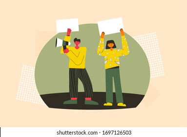 Protest. People holding placards. Persons standing together with blank banners. Two characters with banners taking part in parade, picket, protests. Social activism. Vector illustration.