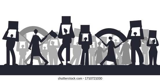 Protest. People holding placards. Persons standing together with blank banners. Group of men and women with banners taking part in parade, picket, protests. Social activism. Vector illustration.