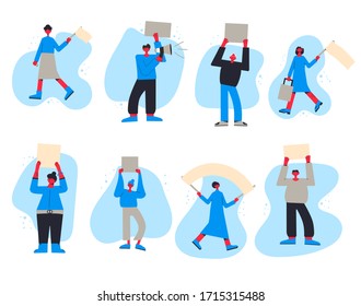 Protest. People holding placards. Persons standing together with blank banners. Group of men and women with banners taking part in parade, picket, protests. Social activism. Vector illustration.