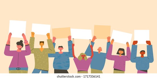 Protest. People holding placards. Persons standing together with blank banners. Group of men and women with banners taking part in parade, picket, protests. Social activism. Vector illustration.