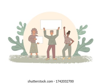 Protesta. Gente sosteniendo pancartas. Personas de pie junto con mantas. Grupo de hombres y mujeres con pancartas participando en desfile, piquete. Activismo social. Ilustración plana vectorial.