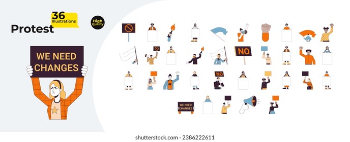 Protest people line cartoon flat illustration bundle. Diverse people with blank protest signs 2D lineart characters isolated on white background. Rebel activists vector color image collection