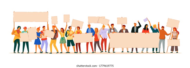Protest people. Manifesting man and woman activist demonstrating blank sign. Vector protest people holding empty placard banner illustration. Character crowd standing isolated on white background