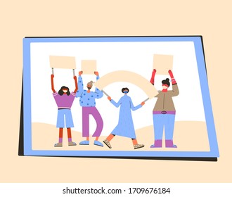 Protest. People in masks holding placards. Persons standing together with blank banners. Group of women with banners taking part in parade, picket, protests. Social activism. Vector illustration.