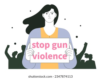 Protesta. Gente en manifestación contra la violencia armada. Personaje furioso sosteniendo un afiche con exigencias. Gente protestando por la regulación de armas. Terror de tiroteo masivo. Ilustración vectorial plana