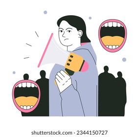 Protest. People on demonstration. Angry female character holding a megaphone. People protesting, strike, women march, parade or rally. Flat vector illustration
