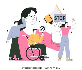 Protest. People on demonstration. Angry characters holding a megaphone and posters with demands. People protesting, strike, political march, parade or rally. Flat vector illustration