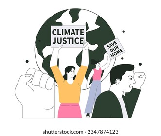 Protest. Menschen, die demonstrieren und auf den Klimawandel aufmerksam machen. Protestfiguren mit Plakaten für den Naturschutz. Kampagne für globale Nachhaltigkeit. Flache Vektorgrafik