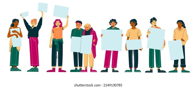 Protest people. Peaceful rally, multiracial men and women hold blank banners, guys and girls in casual clothes standing, elderly couple, young activists demonstrating, human rights vector set