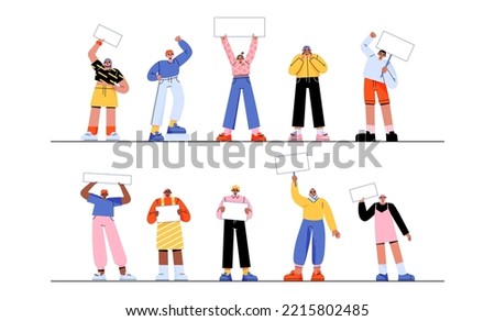 Protest people with placards and banners on rally demonstration or strike. Characters holding empty signs fighting for their rights, activists crowd picketing on riot, Linear flat vector illustration