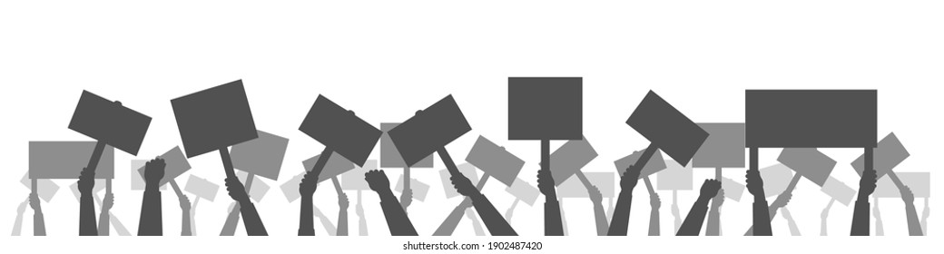 Protest people with poster silhouette, hand holding protesting banners vector demonstration flat background