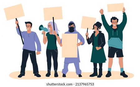 Protesta. Las personas con afiches expresan su opinión. Hombres y mujeres en la manifestación. Imagen vectorial.