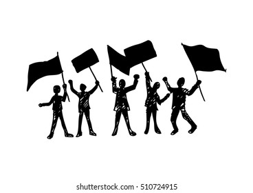 Protest People Silhouette, Men Holding Flag Banner Vector Illustration