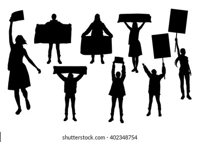 Protest People Silhouette. Women Holding Leaflet, Banner, Cards. 