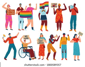 Protest people vector illustration set. Cartoon flat protester characters holding signs banners posters, woman man activists protesting against bullying and racism, for human rights isolated on white