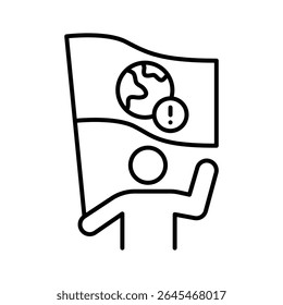 Protest Person Icon. Holding Planet Sign Outline. Climate Crisis Symbol. Global Warming Line Style.
