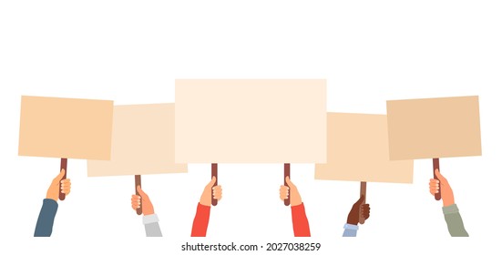 Protest, Picket And Peaceful Demonstration. People Hold In Hands Posters And Banners. Raised Up Hands Holding Blank Banner And Placard. Protest And Strike Background. Vector