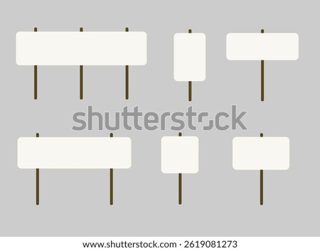 Protest placard with wooden stick for demonstration, strike, social campaign, blank paper board and banner for announcement, poster or advertising. Isolated on white background.