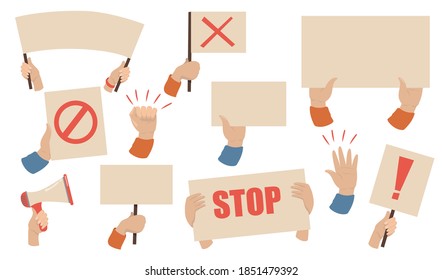 Protest placards set. Hands of activists holding megaphones, banners and posters with stop signs. Vector illustration for workers strike, demonstration, riot concept