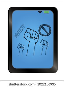Protest poster on background plate. Hand popular protest. Human clenched fist. clenched fist held in protest. hand drawn vector illustration.
