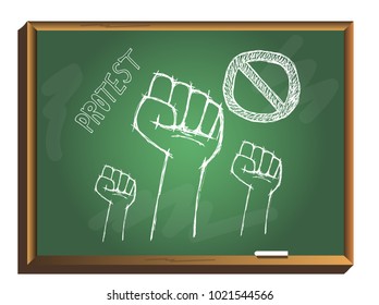 Protest poster on chalkboard. Hand popular protest. Human clenched fist. clenched fist held in protest. hand drawn vector illustration.