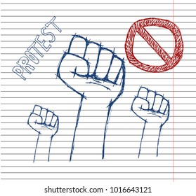 Protest poster on copybook background. Hand popular protest. Human clenched fist. clenched fist held in protest. hand drawn vector illustration.