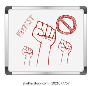 Protest poster on flip chart background. Hand popular protest. Human clenched fist. clenched fist held in protest. hand drawn vector illustration.