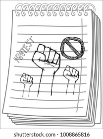 Protest poster on notebook background. Hand popular protest. Human clenched fist. clenched fist held in protest. hand drawn vector illustration.