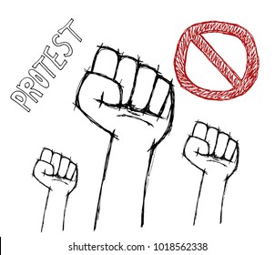 Protest poster on white background. Hand popular protest. Human clenched fist. clenched fist held in protest. hand drawn vector illustration.