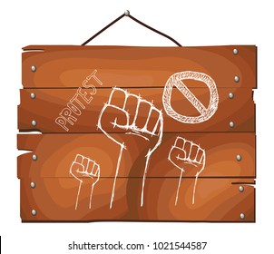 Protest poster on wooden plank background. Hand popular protest. Human clenched fist. clenched fist held in protest. hand drawn vector illustration.