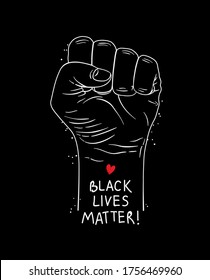 Protest poster with text Black lives matter, BLM and with raised fist. Concept of no racism. Vector illustration