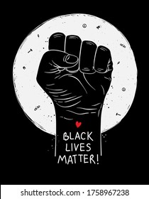 Protest poster with text Black lives matter, BLM and with raised fist. Vector illustration